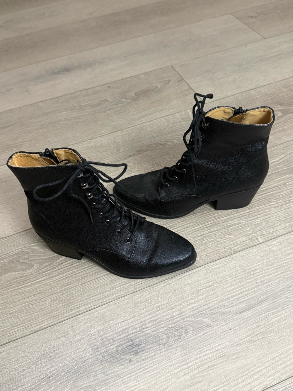 Qupid Black Lace-Up Ankle Boots with Low Block Heel